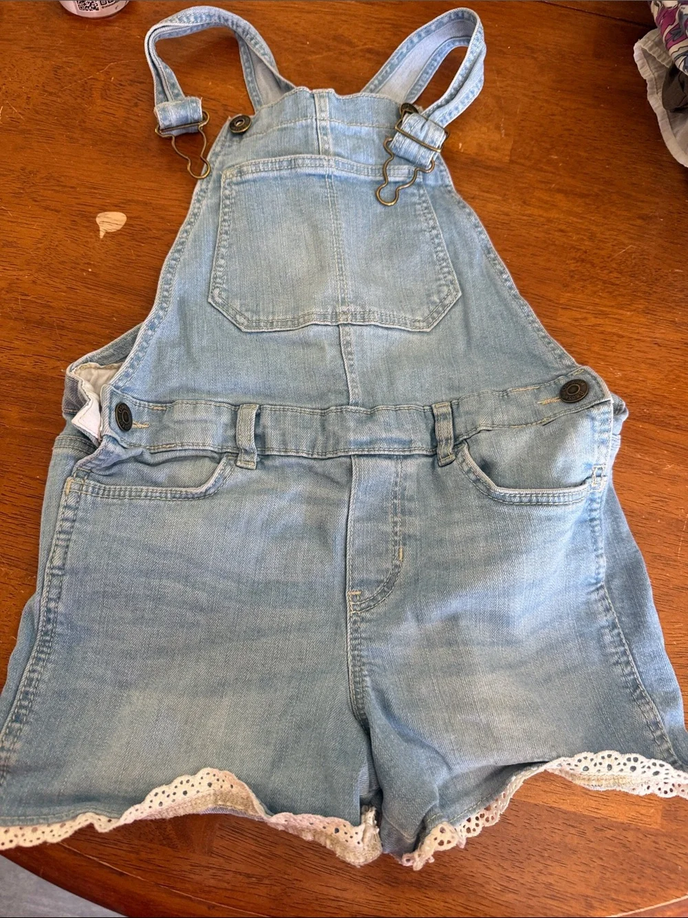 OshKosh B'gosh Light Blue Denim Short Overalls with Lace Trim
